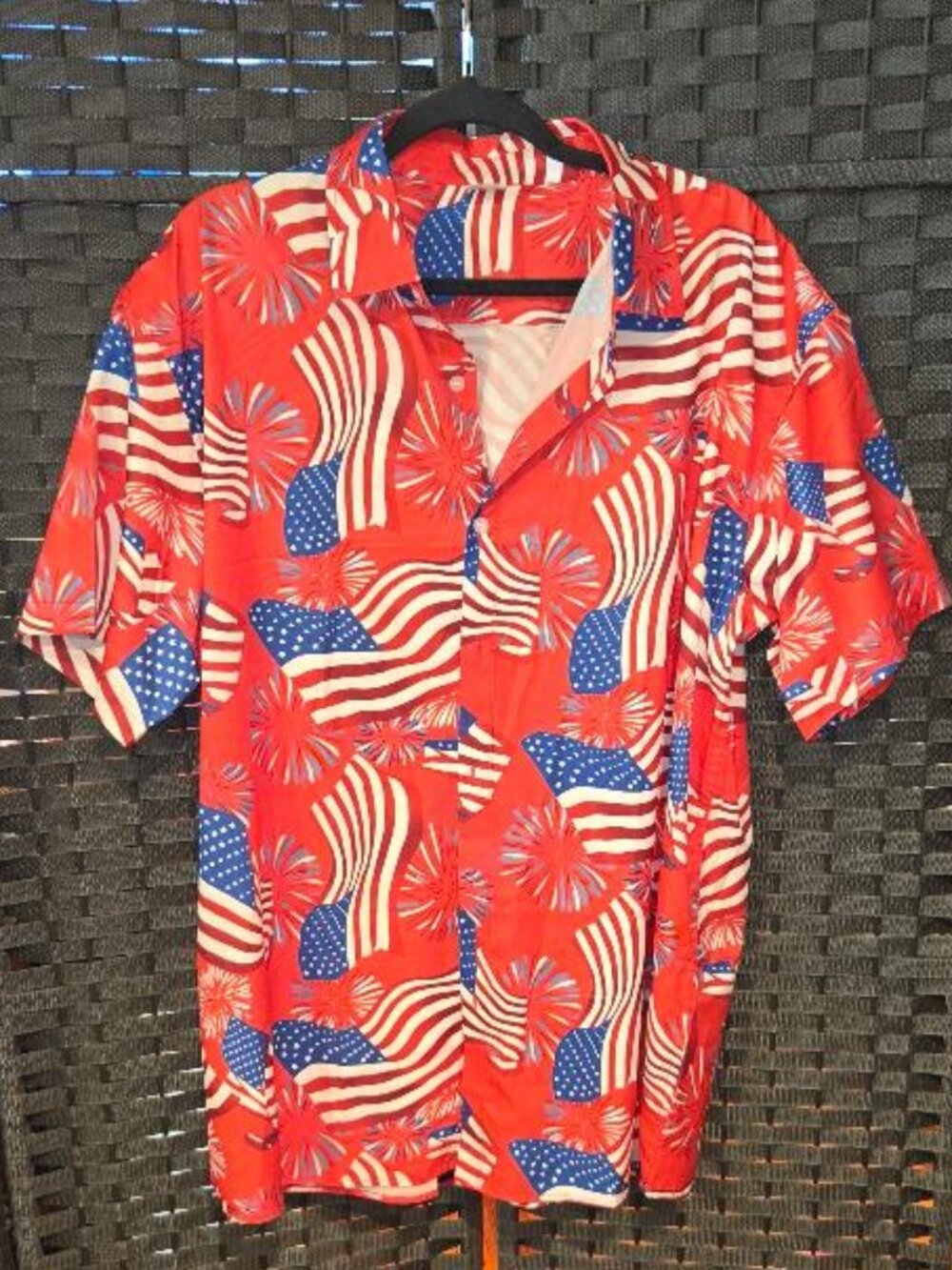 Men's Short Sleeve American Flag and Fireworks Button-up Hawaiian Shirt